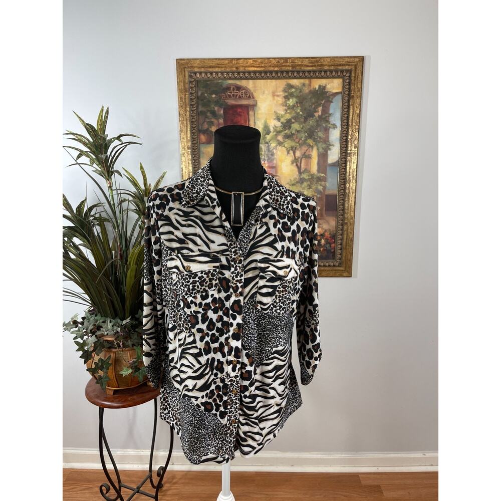 Emily Daniels Utility Safari Top Womens M Beige Brown Leopard Print Streetwear